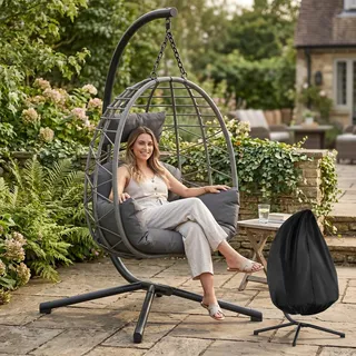 Koioplie Faltbarer Hängesessel mit Gestell – Wetterfestes PE-Rattan, inkl. | Staubschutzhaube & Kissen, ergonomisch & einfach zu montieren – Für Garten, Balkon, Terrasse – Belastbar bis 150kg – Graues
