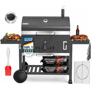 KESSER® Holzkohlegrill XXL Grillwagen mit Deckel & Thermometer – großer BBQ Kohlegrill Wagen, Smoker Grill mit Kamin & Lüftung, mit Grillrost, Warmhalterost, Rädern, Ablage & Aschebehälter