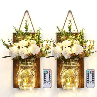 Glighone 2er Mason Jar Licht Wanddeko Wohnzimmer LED Lichterkette im Glas | Dimmbar Wandlampe mit künstlicher Blume, Fernbedienung, Holz Rustikale Wanddekoration für Schlafzimmer Flur, Warmweiß