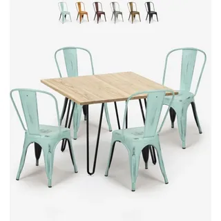 set tisch 80x80cm 4 stühle küche bar vintage metall holz hedges light - Hellblau - Hellblau