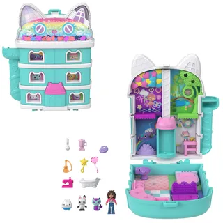 POLLY POCKET Schatulle von Polly Pocket x Gabby’s Dollhouse, Minipuppen und Spielset, 9 passende Zubehörteile, Tierfreunde Pandy Paws, Cakey, und MerCat, JFV02
