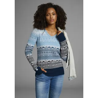 Jacquardpullover KANGAROOS, Damen, Gr. 32/34, blau (marine, hellblau), Feinstrick, Obermaterial: 50% Baumwolle, 50% Polyacryl, Jacquardmuster, figurbetont hüftlang, V-Ausschnitt, Rippbündchen mit Daumenlöchern, Pullover Jacquardpullover, im Norweger-Muster mit kleinen Kängurus