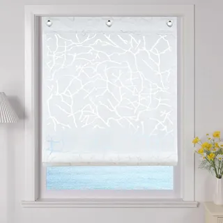ESLIR Raffrollo mit U-Haken Gardinen Küche Raffgardinen Halbtransparent Ösenrollo Vorhänge Modern Ausbrenner Weiß BxH 80x140cm 1 Stück