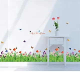 decalmile Wandtattoo Grüne Gras Blumenwiese Wandsticker Schmetterling Bordüre Wandaufkleber Wohnzimmer Schlafzimmer Wanddeko