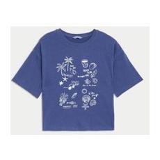 Girls M&S Collection Pure Cotton Beach Club Print T-Shirt (6-16 Yrs) - Blue, Blue - 15-16