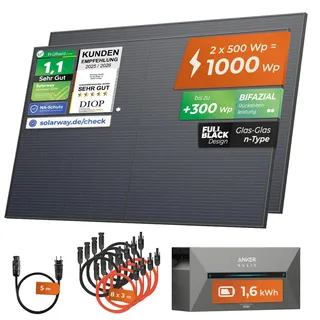 Solarway® 1000Wp / 800W Balkonkraftwerk mit 1,6 kWh Speicher komplett Steckdose - 1,6 kWh Anker SOLIX 2 PRO Speicher