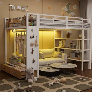 Hochbett 140x200 cm mit Kleiderschrank, LED & Lochwand – Metallbett in Weiß, MDF, offener Schrank, Ablagefächer, 234x148x165 cm, für Jugendzimmer - Weiß