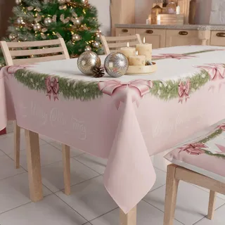 Petti - Weihnachtstischdecke Tischdecke 140 x 360 cm, rechteckig, schmutzabweisend & fleckenabweisend, Pflegeleichte Mikrofaser mit Motiv Rosa Federschleife, ideal für Advent & Weihnachten