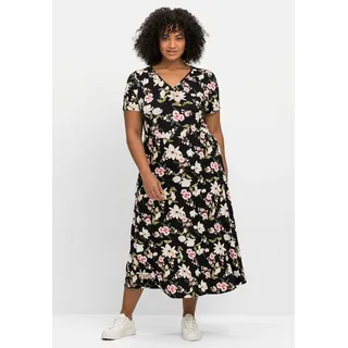 Jerseykleid SHEEGO BY JOE BROWNS "Jerseykleid", Damen, Gr. 46, Normalgrößen, schwarz (schwarz, gemustert), Jersey, 95% Viskose, 5% Elasthan, Paisley, bedruckt, gemustert, mehrfarbig, wadenlang, V-Ausschnitt, Kleider Jerseykleid