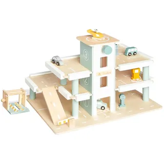 Pinolino Parkhaus Kurt mit Zubehör: 1 Schranke, 1 Hebebühne, 3 Autos, 1 Hubschrauber, 2 Verkehrschilder, 1 Zapfsäule