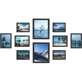 KAIWIN Set mit 10 Fotorahmen; Multi-Fotorahmen; zwei 20 x 25 cm; vier 13 x 18 cm; vier 10 x 15 cm, Bilderrahmen Collage Schwarz