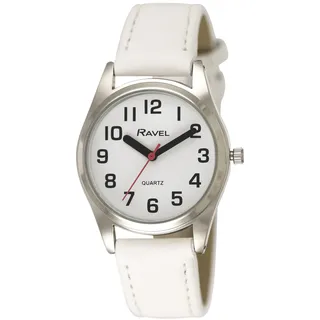 Ravel - Damen superfette Visierhilfebanduhr mit großen Zahlen - Weiß/Silbernes Ton/Weißes Zifferblatt