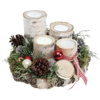Adventsgesteck Tischgesteck Ø 20 cm H ca. 14 cm Birkenscheibe inkl. 4 Teelichter
