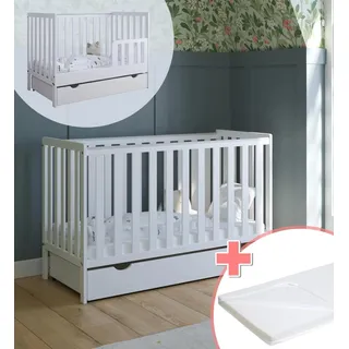ZEE BAMBI Weiß Babybett 120x60 cm 2in1 mit Matratze, Schublade & Schutzbarriere Klassisches Gitterbett 3-Fach Höhenverstellbar Kinderbett - Weiß