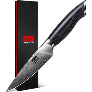 SHAN ZU Küchen-Schälmesser 10 cm – Japanischer Pulverstahl 63 HRC, Präzisions-Obstmesser mit 12° Ultrascharfer Klinge Gemüsemesser mit Ergonomischem Pakkaholz-Griff