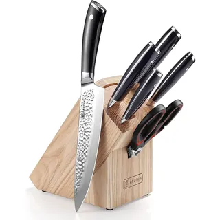 PAUDIN Messerblock mit Messer, Messerset mit Holzblock, 7-tlg Küchenmesser Set aus hochwertigem Carbon Edelstahl, 5 Profi Ultra scharfe Kochmesser, Rot Schere und Holzblock, Ergonomischer Griff