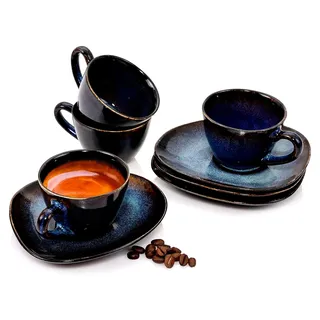 Espressotassen Set Tokio 8-teilig, Mokkatassen für 4 Personen, Steingut Tassen mit Untertassen, spülmaschinenfest in Blau-Schwarz mit braunen Akzenten, 80 ml - Braun