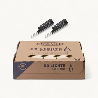 EDZARD 50 Teelichter, Kunststoffhülle, mit 2 Feuerzeugen | 8 Stunden Brenndauer, weiß, transparente Hülle, ohne Duft, Teelichtkerzen, Nightlights, für Teelichtglas, Stövchen, Laterne