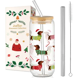 Joeyan 600ml 20oz Weihnachten Dackel Trinkgläser mit Deckel und Strohhalm | Schöne Eiskaffee Gläser mit Dachshund Muster,Glasbecher für Matcha Smoothie iced Coffee Bubble Tea,Weihnachts Dekor Geschenke