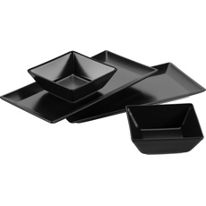 Bild Mäser 931364 Schale/Platten rechteckige Teller und 2 quadratische Schüsseln in Schwarz, Porzellan Geschirr Set für 2 Personen