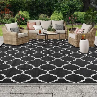 OIGAE Balkon Teppich Wasserfest 150x240cm Outdoor Teppiche Modern StrapazierfäHige Carpet Für Terrasse Garten Schwarz Wendbarer Plastik Recyceltem Camping Teppich UV Beständig