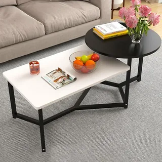 Shally Dogan Couchtisch für Esszimmer mit 2 Regalen, luxuriöses Design, elegant, runde und rechteckige Tischplatte, ideal für Wohnzimmer, Büro (schwarz)