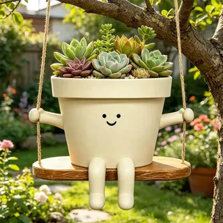 SGZIOO Hängende Blumentöpfe mit Schaukel Gesicht, Lustiger Blumentopf Gesicht, Blumentopf zum Bemalen, Sukkulenten Topf für Drinnen und Draußen, Niedlicher Pflanzen Übertopf, Geschenkideen (Swing)