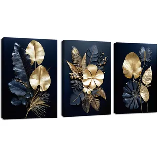 3 Pcs Leinwandbilder Bilder mit Rahmen Marineblau Gold Blumen Kokosnussblatt bild auf leinwand Wandkunst Wandbilder Kunstdruck Deko für Wohnzimmer Schlafzimmer fertig zum Aufhängen 150x70cm(50x70x3)