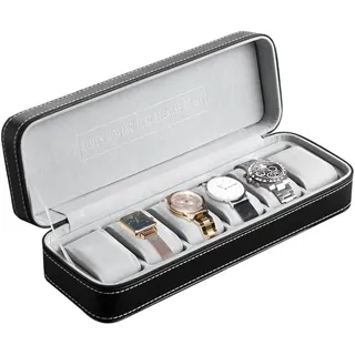 OSVINO Uhrenbox 6 Uhren Herren Schwarz Uhrenkasten Uhrenkissen aus Samt, Reise Schmuckkästchen Uhren Aufbewahrungsbox Mit Reißverschluss aus PU Leder