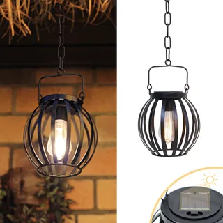 LUCOZA Solarlaterne für Außen Hängend, Wasserdichte Solarlampe aus Metall mit Kettchen und Haken, Dekorative Ovale Gartenleuchte, Groß Solarleuchte für Garten Balkon Terrasse Outdoor, Schwarz (M)