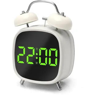 FARYODI Retro Metall Doppelglockenwecker, LED Doppelglockenwecker mit Große Ziffern Display Kalender und Temperaturanzeige, für Wecker laut für Tiefschläfer, Kinder, Erwachsene, Senioren (Weiß)