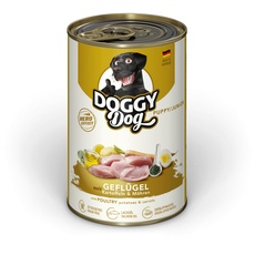 DOGGY Dog Paté Geflügel Puppy/Junior, 6 x 400 g, Nassfutter für junge Hunde, getreidefreies Welpenfutter mit Lachsöl und Grünlippmuschel, Hundefutter mit Kartoffeln und Möhre, Made in Germany