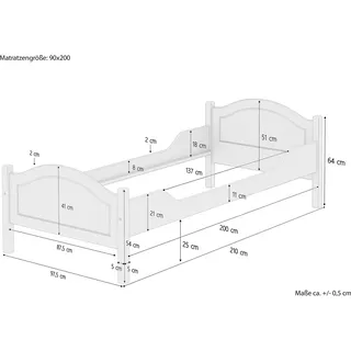 Massivholzbett Kiefer natur 90x200 Einzelbett Gästebett Zubehör wählbar V-60.30-09Rollrost. Matratzen und Bettkasten inkl. - Naturbelassen