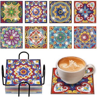 Souarts Mandala Diamond Painting Untersetzer mit Halter, 8PCS Eckig DIY Diamant Painting Coasters Basteln Erwachsene Kinder für Glas Tassen Vasen Kerzen Getränke