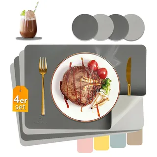 HELI MIAO Tischsets Abwaschbar,Platzsets Abwischbar, Leder,Hitzebeständig Doppelseitigen I 4er Set Platzdeckchen Lederoptik mit Untersetzer,Tischuntersetzer rutschfest,Anthrazit+Hellgrau