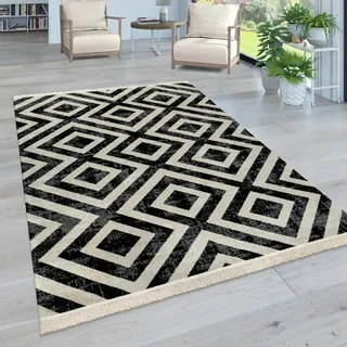 Moderner Outdoor Teppich Rauten-Muster Vintage-Look Flachgewebe Wetterfest Grösse 120x170 cm - Schwarz, Grau, Hellblau, Gelb