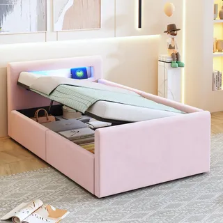 Flieks Hydraulisches Polsterbett 90x200cm mit USB- und Typ-C, Jugendbett mit Led, Schlafsofa Sofabett mit austauschbaren Rückenlehne, Samt, Rosa - Rosa