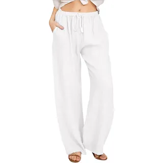 CHARTOU Damen Sommer Kordelzug Taille Weites Bein Lose Baumwolle Leinen Palazzo Hose, Weiß, Klein