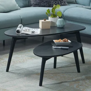 FineBuy Couchtisch Set 2er nierenförmig Mango Massivholz Schwarz · Beistelltisch Wohnzimmertisch Retro Design · Satztische mit Holzgestell - Schwarz