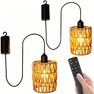 2 x Rattan Hängelampe mit Fernbedienung Außen Innen Hängeleuchte Boho Batteriebetriebene Lampe Hängeleuchte Ohne Stromanschluss Tragbare Korb Lampenschirm Pendelleuchte