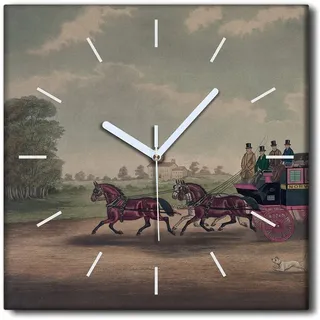 Coloray Uhr auf Leinwand 30x30 cm Wand Uhr Dekoration Wohnzimmer Segeltuch weiße Zeiger -Pferde England Tiere. - Bunt