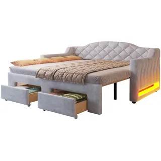 Komhtom Tagesbett 90x200 bis 180x200 cm mit zwei Schubladen und LED-Beleuchtung, Grau , Holz , Mode , 90x200 cm , Schlafzimmer, Betten, Polsterbetten
