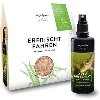 AllgäuQuelle Bio Autoduft-Set Lufterfrischer Lemongrass mit Zirben-Säckchen als natürlichem Duftbaum Spray 100 ml