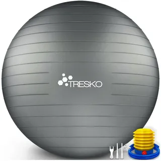 TRESKO Gymnastikball mit GRATIS Übungsposter inkl. Luftpumpe - 85cm, Pumpe, grau