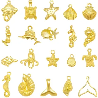 Julie Wang 100 Stück Legierung Gold Farbe Muscheln Charms Meer Tier Seestern Meerjungfrau Schwanz Schildkröte Seepferdchen Anhänger für Halskette Armband Ozean Thema Schmuck machen