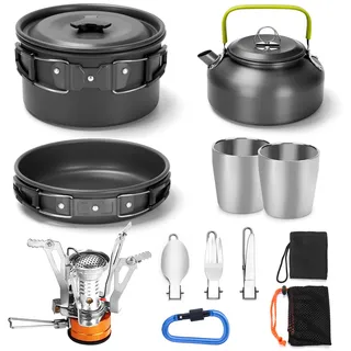 Odoland Kochgeschirr Set für 1-2 Personen, Kochset mit Mini Gaskocher Tragbar Aluminium Topf Teekessel Tassen Faltbare Besteck, für Camping Outdoor Picknick Wandern