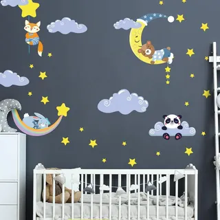 Wandsticker Kinder - Deko Babyzimmer - Wandsticker Kinder - Wandsticker skandinavisch - Wandsticker Tiere im Himmel und Wolken - H120 x L 180 cm