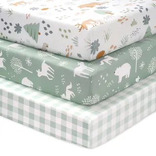 FIEMOL Baby Spannbettlaken 70x140 cm Kinderbett Spannbetttuch, 3er-Pack Mikrofaser Bettlaken Für Babybett, Ultrasanft & Seidigglatt Kinderbettlaken Grüner Waldbär