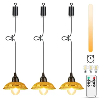 Lightsjoy 3er Boho Hängelampe mit Batterie Outdoor Indoor Hängeleuchte Batteriebetrieben Dimmbar mit Fernbedienung IP65 Wasserdicht Pendelleuchte Ohne Stromanschluss für Innen Außen Garten Balkon
