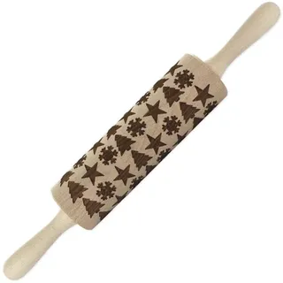 Fackelmann 3154450 Teigrolle mit Prägung, 3 Motive, Stern, Tannenbaum und Flocken, Holz, 38 x 5,5 x 5,5 cm
